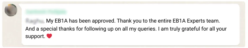 EB1A Green Card approval testimonial – Tata Consultancy Services Full Stack Lead five-star success story.