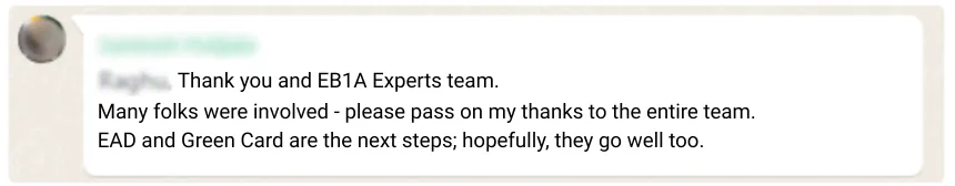 EB1A Green Card approval testimonial – Cognizant Senior Project Manager five-star success story.